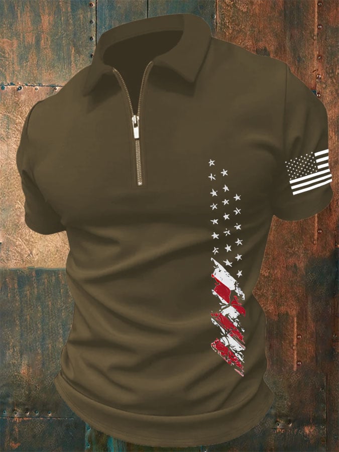Men'S Independence Day Flag Print Zip-Up Polo Shirt