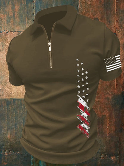 Men'S Independence Day Flag Print Zip-Up Polo Shirt