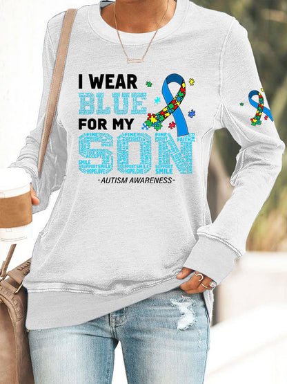 Women's Retro I Wear Blue For My Son Autism Awareness Printed Casual Sweatshirt