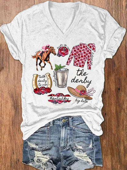 Women's Derby Horses Print V-Neck T-Shirt
