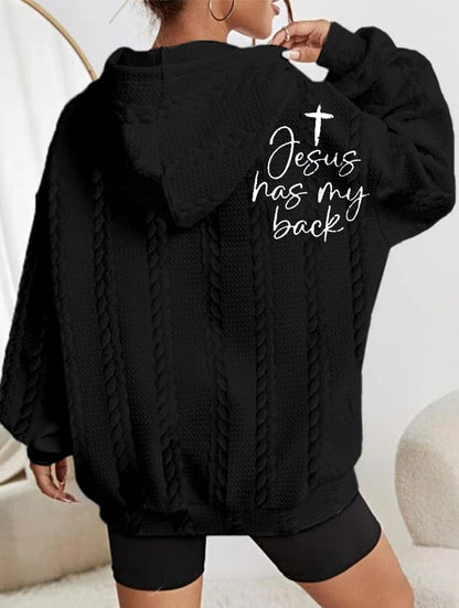 Women's Faith Jesus Has My Back Printed Casual Cable Hoodie