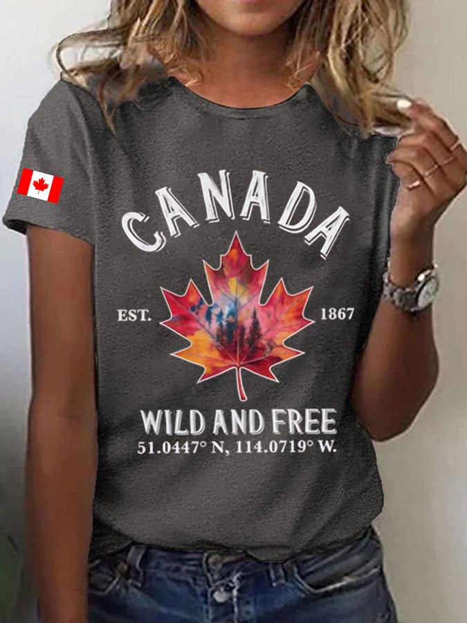 Womens Canada Wild and Free Print Crew Neck T-Shirt