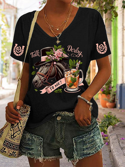 Women's Horse Racing Print V-Neck T-Shirt