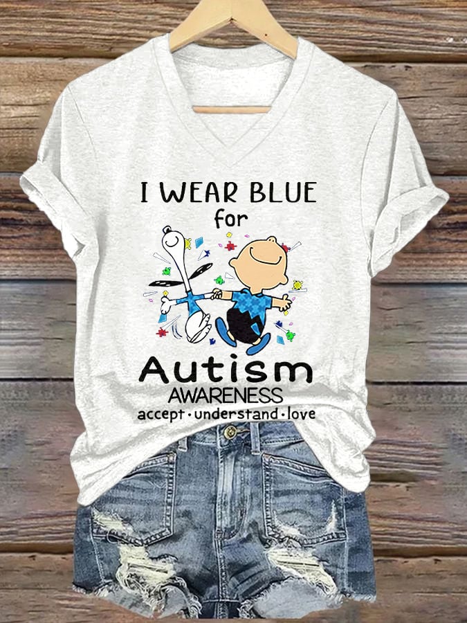 V-neck Retro Autism Awareness I Wear Blue For Autism Accept, Understand, Love Print T-Shirt