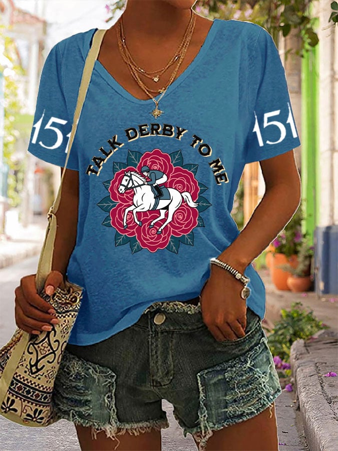 Women's Horse Racing Print V-Neck T-Shirt