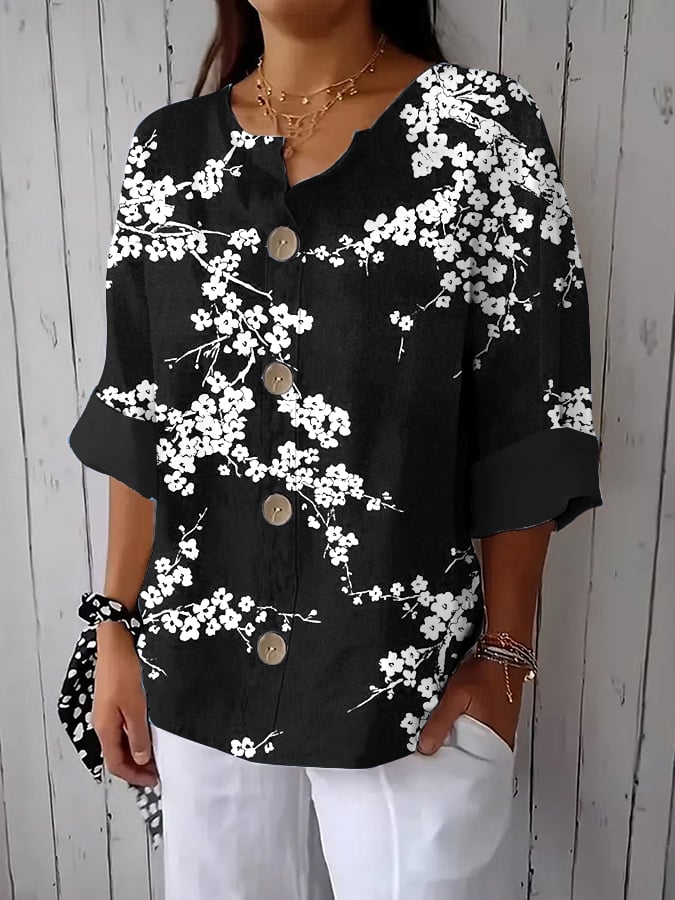 Women's Casual Retro Blue Plum Blossom Shirt