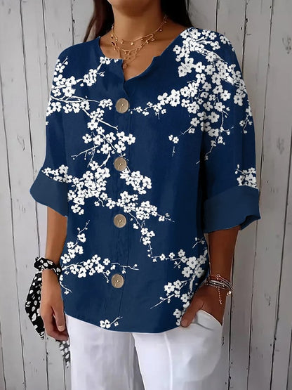 Women's Casual Retro Blue Plum Blossom Shirt