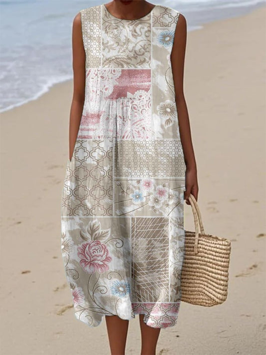 Women's Vintage Botanical Floral Patchwork Art Print With Pockets Dress