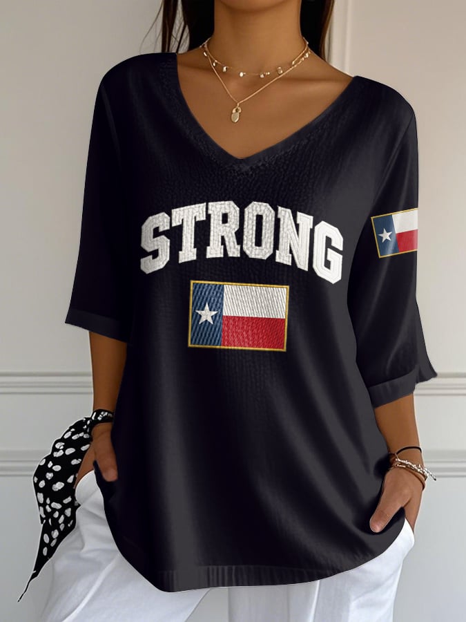V-Neck Retro Texas Strong Print T-Shirt
