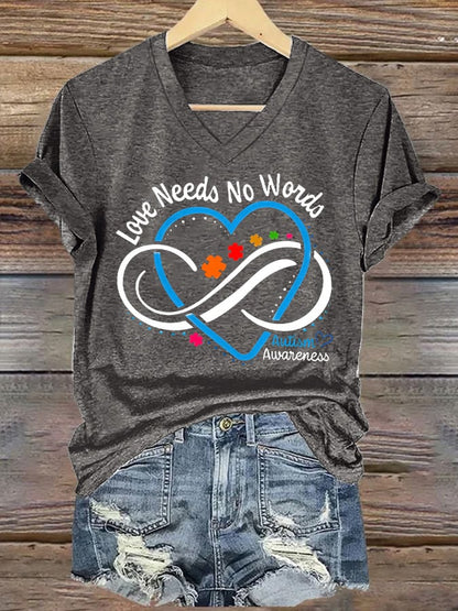 V-neck Retro Autism Awareness Love Needs No Words Infinity Symbol Print T-Shirt