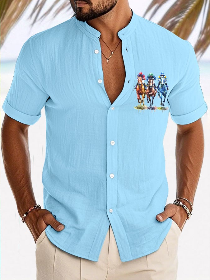 Men's Horse Racinng Print Resort Casual Stand Collar Shirt