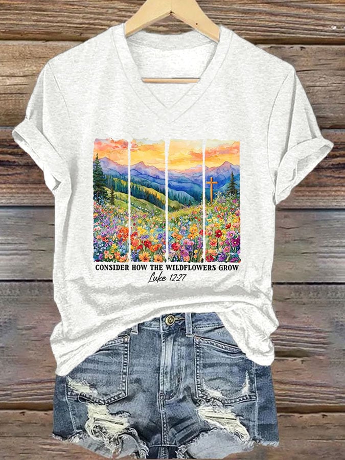 Women'S Casual Consider The Wildflowers Christian Print Short Sleeve T-Shirt