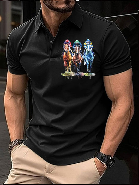 Men's Horse Racing Printed Casual Polo Shirt