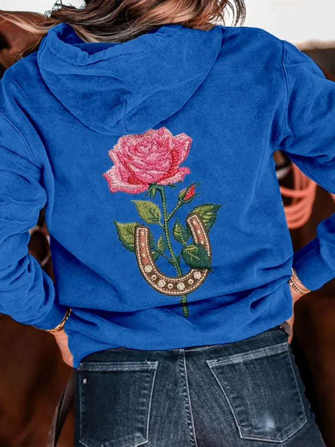 Women's Horse Racing Rose Printed Hooded Sweatshirt