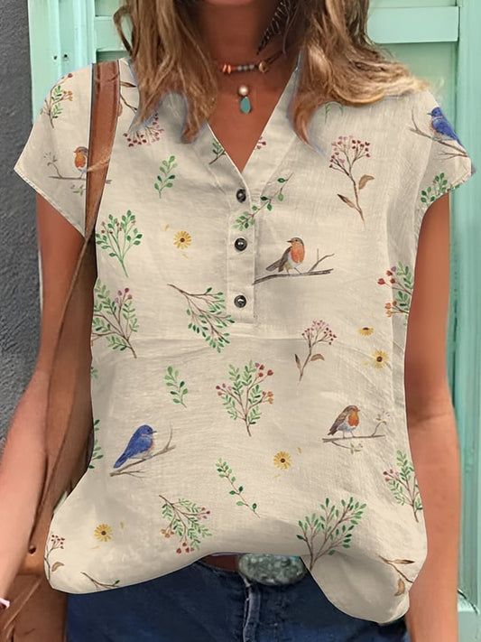 Women's Casual Spring Bird Print Short-Sleeved Shirt