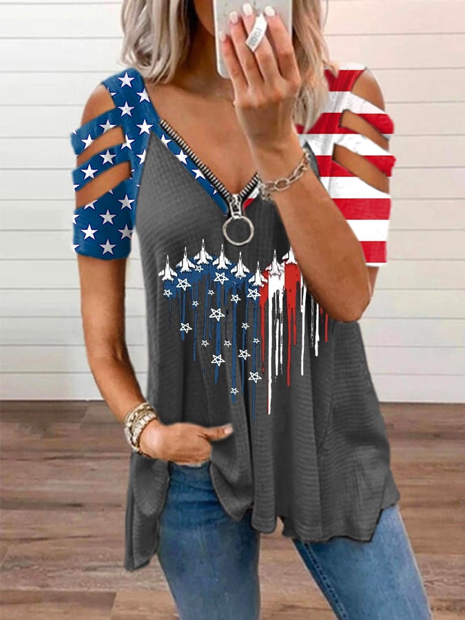 🔥Last Day 49% Off🔥Women's Flag Printed V-Neck Zipper Casual T-Shirt