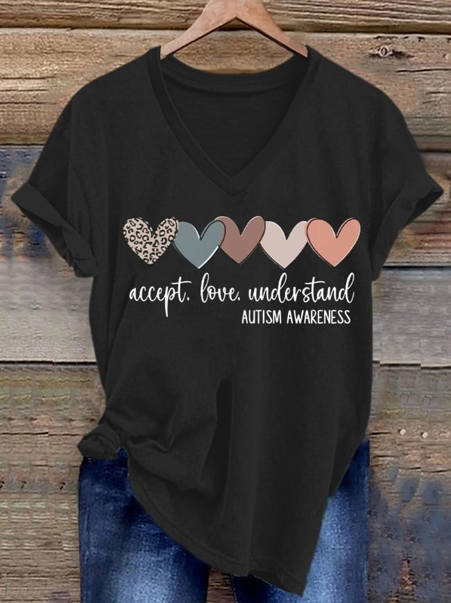 Women's Accept. Love Understand Autism Awareness Printed Short-Sleeved T-Shirt