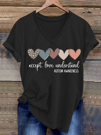 Women's Accept. Love Understand Autism Awareness Printed Short-Sleeved T-Shirt
