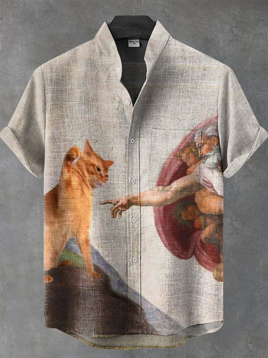 VIntage Funny Cat Art Print Casual 100% Cotton Shirt