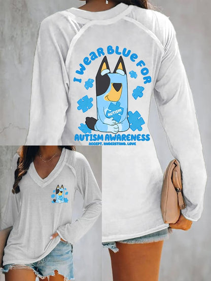 V-neck Retro Autism Awareness I Wear Blue For Autism Print T-Shirt