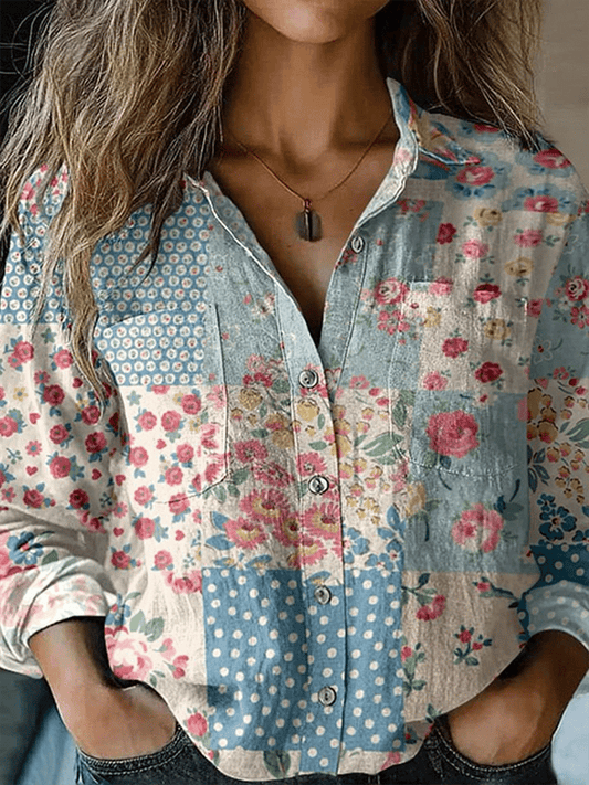 Women's Vintage Botanical Floral Art Print Lapel Shirt