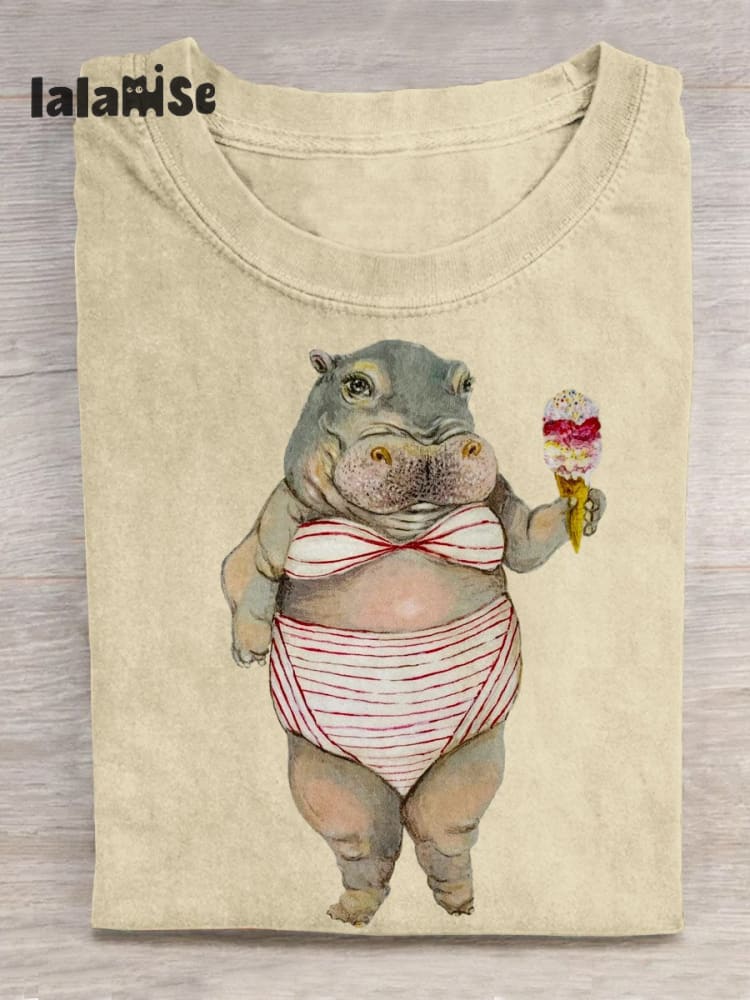 Funny Hippo Art Pattern Print Casual T-shirt