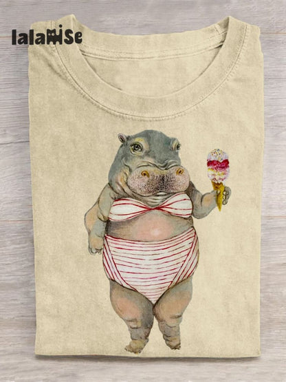 Funny Hippo Art Pattern Print Casual T-shirt