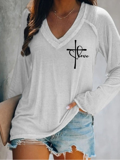 Women's Love Like Jesus Jesus Has My Back Casual V-Neck Long-Sleeve T-Shirt