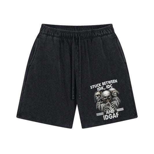 Stuck Between IDK IDC And IDGAF Print Washed Shorts Pants
