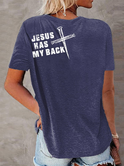 Women's Jesus Has My Back Christian Cross Faith Tee