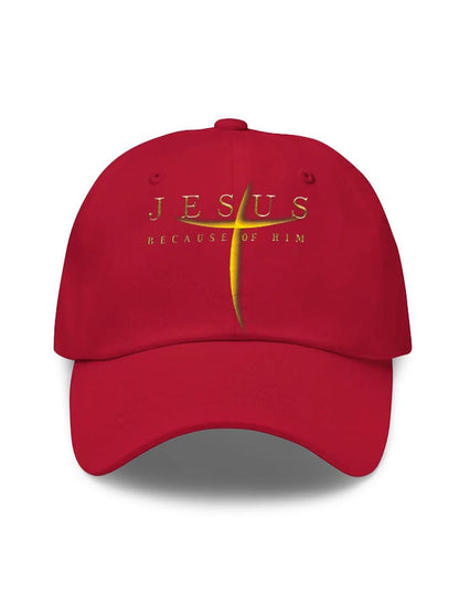 Unisex Flag Cross “Jesus Because Of Him” Print Baseball Cap