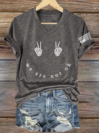 V-Neck Retro Skeleton Hand We Are Not Ok Print T-Shirt
