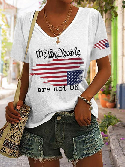 V-neck Retro We The People Are Not Ok Print T-Shirt