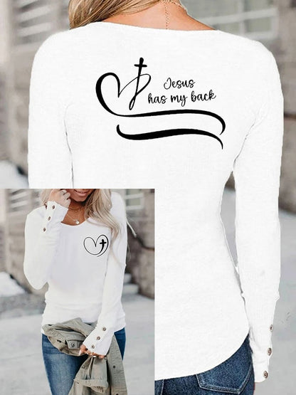 Women's Faith Love Like Jesus Jesus Has My Back Print Button Top
