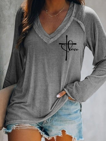 Women's Love Like Jesus Jesus Has My Back Casual V-Neck Long-Sleeve T-Shirt