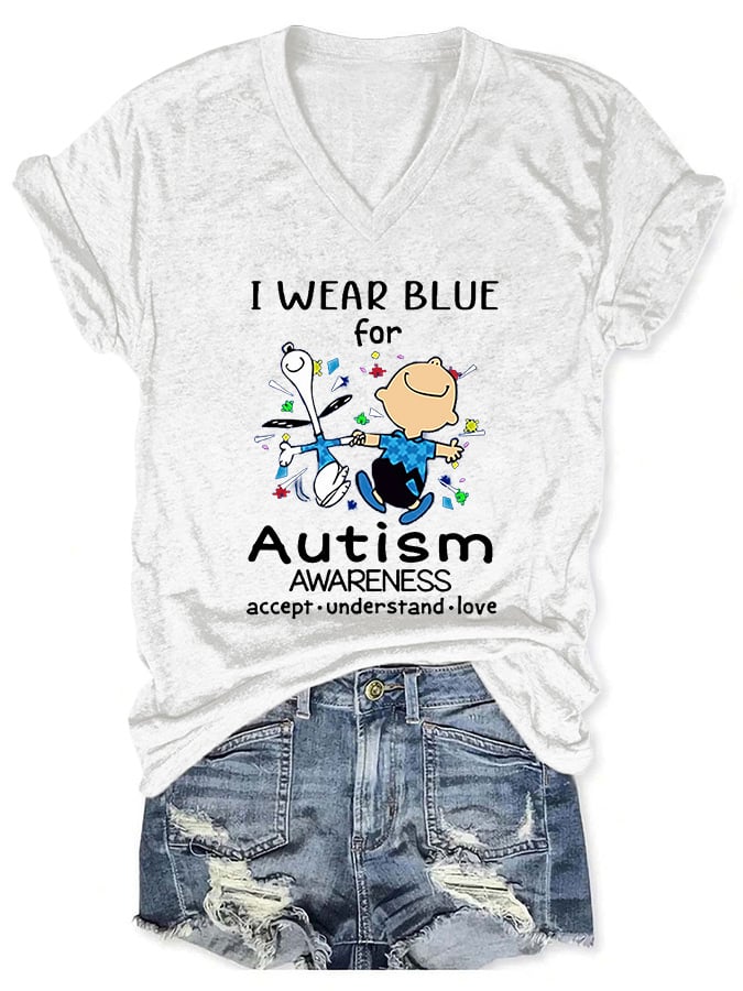 V-neck Autism Awareness I Wear Blue For Autism Print T-Shirt