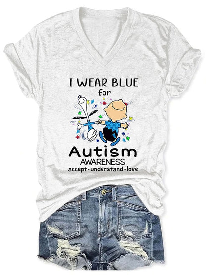 V-neck Autism Awareness I Wear Blue For Autism Print T-Shirt