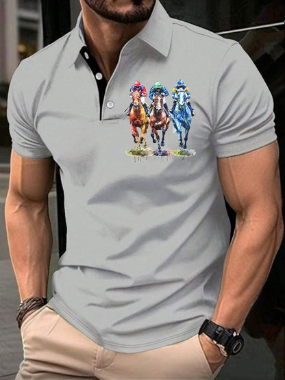 Men's Horse Racing Printed Casual Polo Shirt