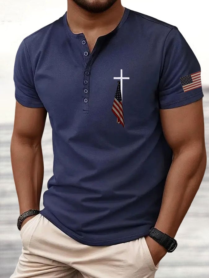 Men'S Flag Cross Print Button design Top
