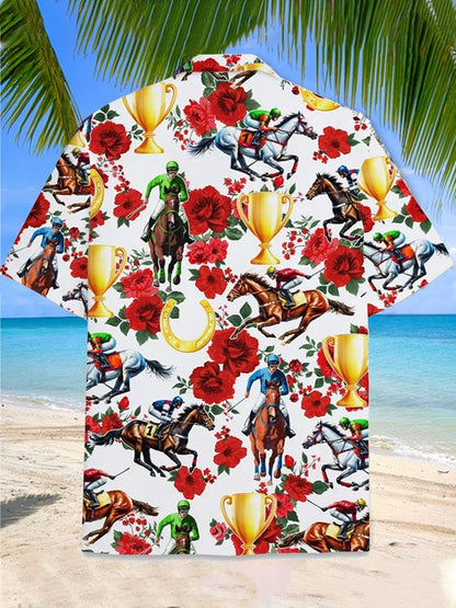 Men's Horse Racing Print Fashion Short Sleeve Shirt