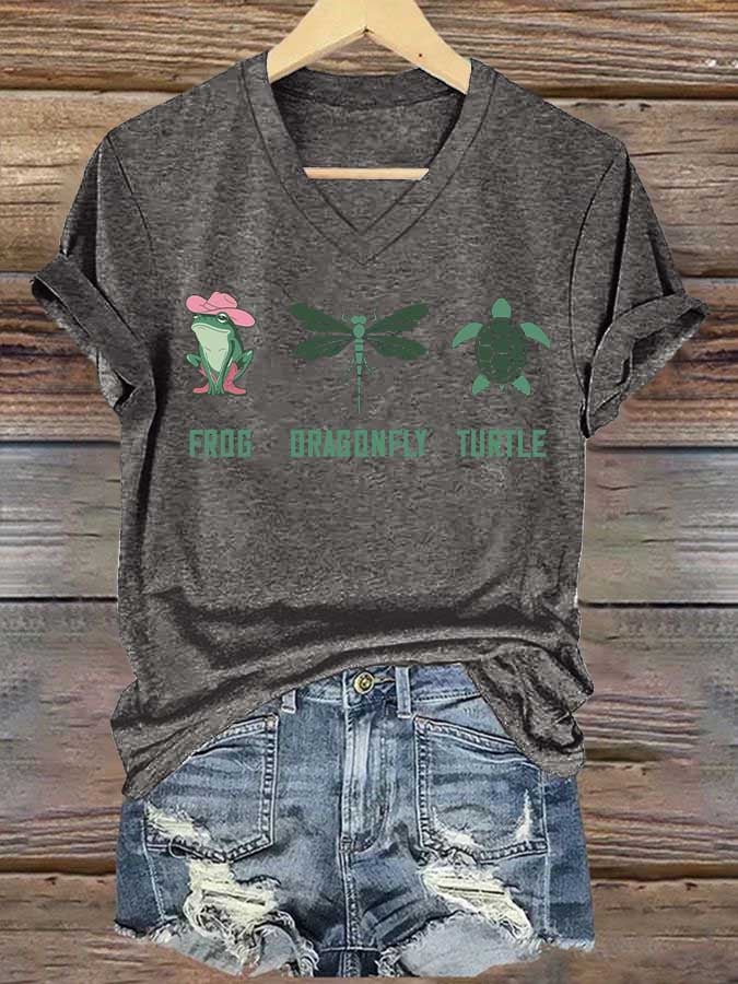 Women's Frog Dragonfly Turtle Printed V Neck T-shirt