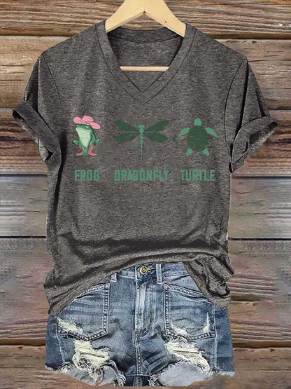 Women's Frog Dragonfly Turtle Printed V Neck T-shirt