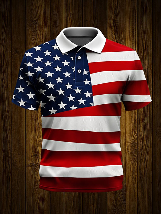 Men's Retro Casual Independence Day Button Short Sleeve Polo Shirt