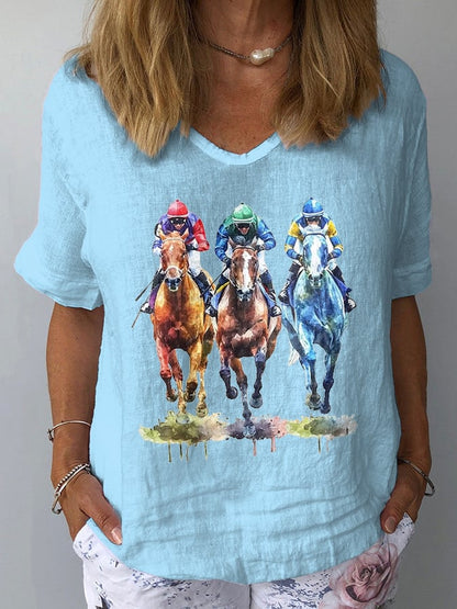 Women's Horse Racing Print Casual V-Neck Cotton and Linen Top