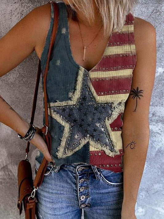 🔥Last Day 49% Off🔥Women's Independence Day Flag Denim Blue Print V-Neck Vest