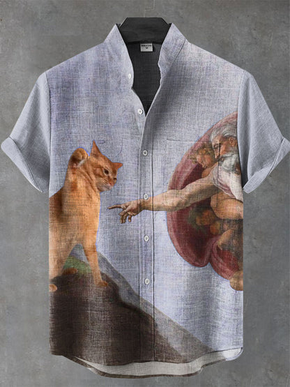 VIntage Funny Cat Art Print Casual 100% Cotton Shirt