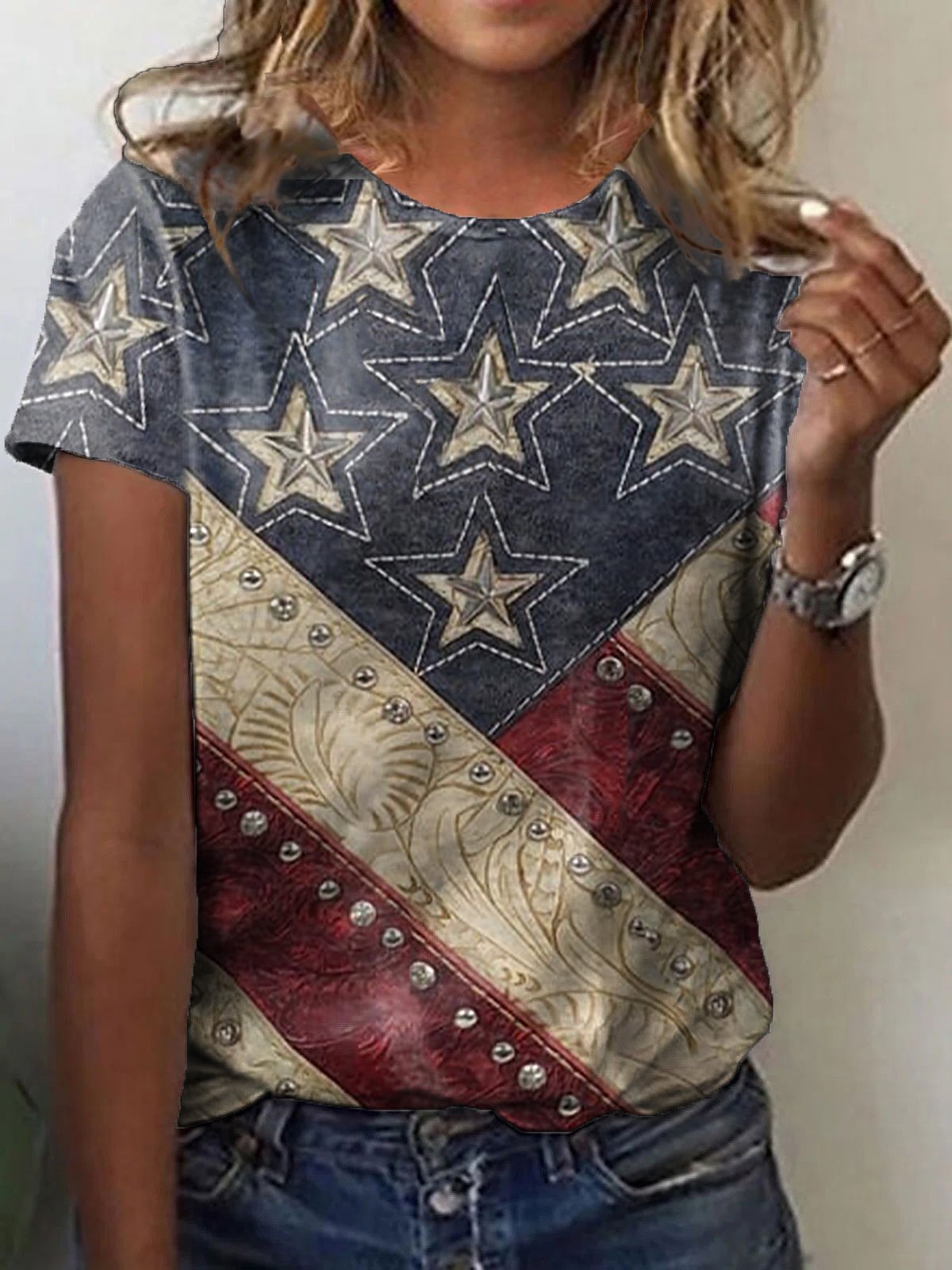 🔥Last Day 49% Off🔥Women's Independence Day American Flag Print Crew Neck T-Shirt