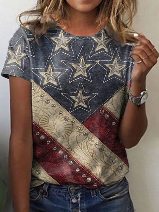 🔥Last Day 49% Off🔥Women's Independence Day American Flag Print Crew Neck T-Shirt