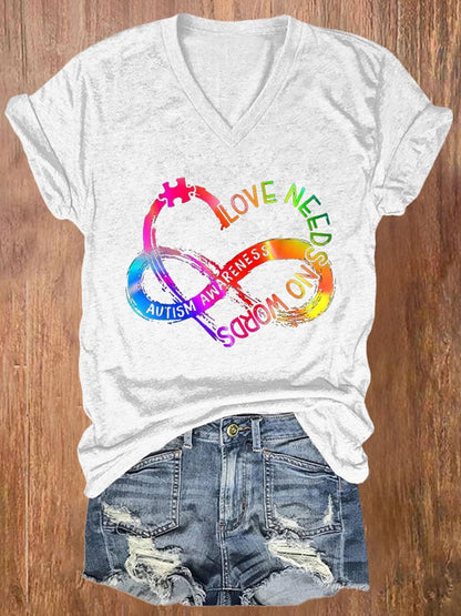 V-neck Retro Autism Awareness Infinity Puzzle Piece Heart Love Needs No Words Print T-Shirt