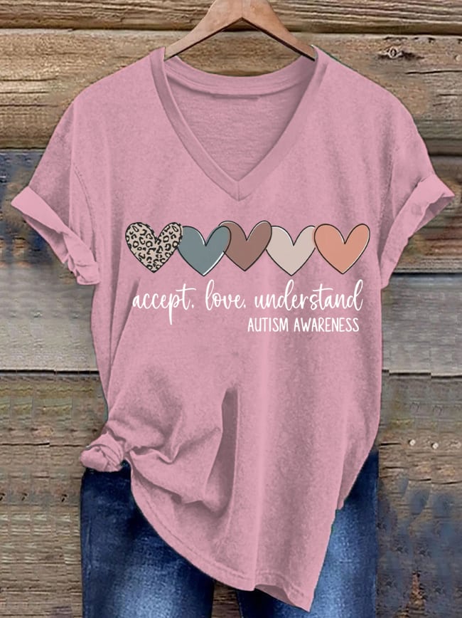 Women's Accept. Love Understand Autism Awareness Printed Short-Sleeved T-Shirt